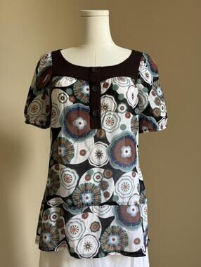 Y2K Retro Mod Floral Puff Sleeve Tunic Top Boho Graphic Print